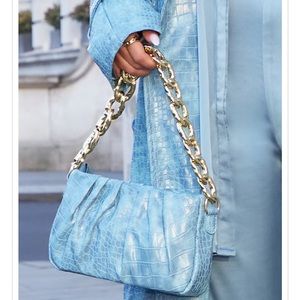 PLT x Molly Mae - Blue PU Croc Gold Chain Shoulder Bag